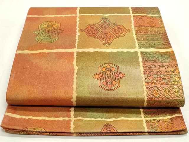 平和屋着物◎六通柄袋帯　格子花文　引箔　正絹　逸品　DABK8538cm