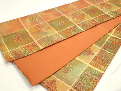 平和屋着物◎六通柄袋帯　格子花文　引箔　正絹　逸品　DABK8538cm