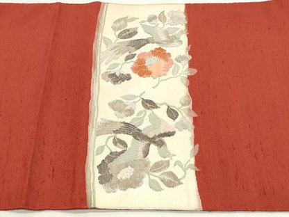 平和屋着物◎太鼓柄袋帯　紬地　すくい織　花鳥文　正絹　逸品　DABK8540cm