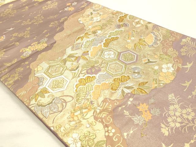 平和屋着物◎六通柄袋帯　唐織　宝尽くし吉祥花松文　金銀糸　正絹　逸品　DABK8545cm