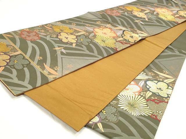 平和屋着物◎六通柄袋帯　唐織　草花文　金糸　正絹　逸品　DABK8549cm