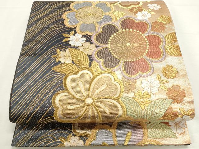 平和屋着物◎六通柄袋帯　舞花文　二重奏　金銀糸　正絹　逸品　DABK8552cm
