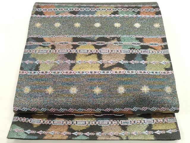 平和屋着物◎六通柄袋帯　抽象横段文　黒地　金糸　正絹　逸品　DABK8553cm