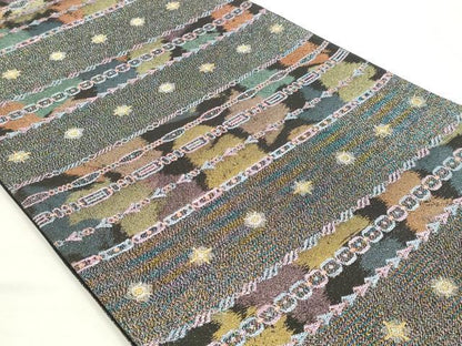 平和屋着物◎六通柄袋帯　抽象横段文　黒地　金糸　正絹　逸品　DABK8553cm