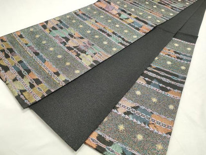 平和屋着物◎六通柄袋帯　抽象横段文　黒地　金糸　正絹　逸品　DABK8553cm