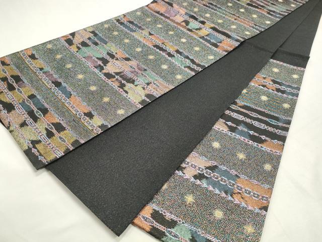 平和屋着物◎六通柄袋帯　抽象横段文　黒地　金糸　正絹　逸品　DABK8553cm