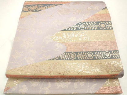 平和屋着物◎六通柄袋帯　横段花唐草文　金糸　正絹　逸品　DABK8555cm
