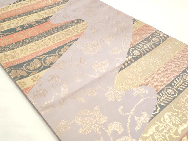 平和屋着物◎六通柄袋帯　横段花唐草文　金糸　正絹　逸品　DABK8555cm