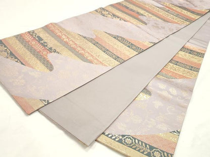 平和屋着物◎六通柄袋帯　横段花唐草文　金糸　正絹　逸品　DABK8555cm