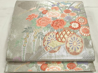 平和屋着物◎六通柄袋帯　唐織　花車文　金銀糸　正絹　逸品　DABK8558cm