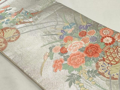 平和屋着物◎六通柄袋帯　唐織　花車文　金銀糸　正絹　逸品　DABK8558cm
