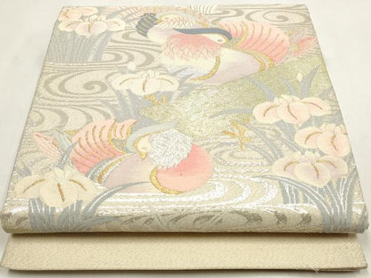 平和屋着物◎綴れ　太鼓柄袋帯　鴛鴦花文　金銀糸　正絹　逸品　DABK8562cm