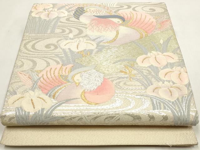 平和屋着物◎綴れ　太鼓柄袋帯　鴛鴦花文　金銀糸　正絹　逸品　DABK8562cm