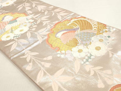 平和屋着物◎六通柄袋帯　唐織　雪輪花鳥文　金糸　正絹　逸品　DABK8563cm