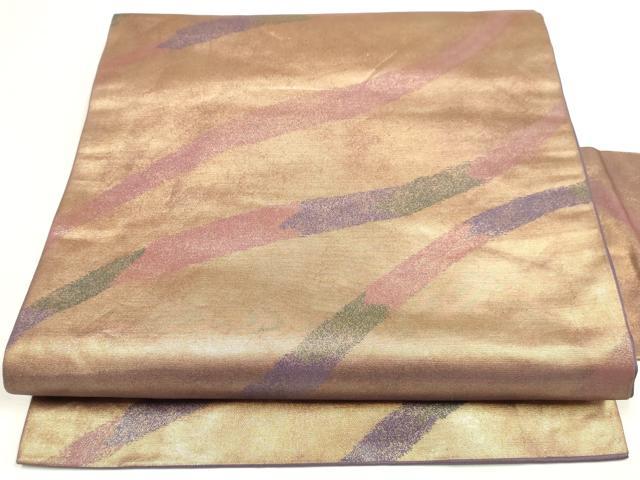 平和屋着物◎九寸名古屋帯　よろけ縞　金糸　引箔　正絹　逸品　DABK8567cm
