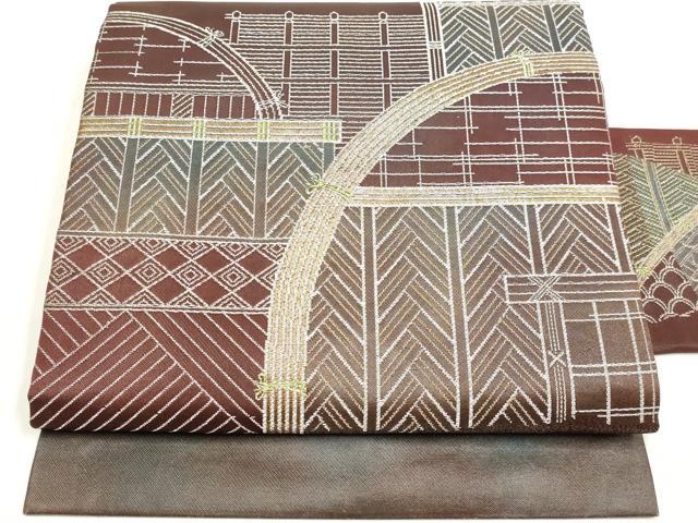 平和屋着物◎九寸名古屋帯　風景文　金銀糸　正絹　逸品　DABK8568cm