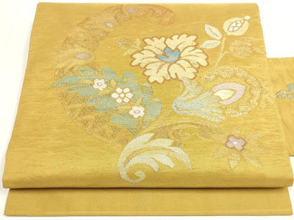 平和屋着物◎九寸名古屋帯　すくい織　草花文　金銀糸　正絹　逸品　DABK8570cm