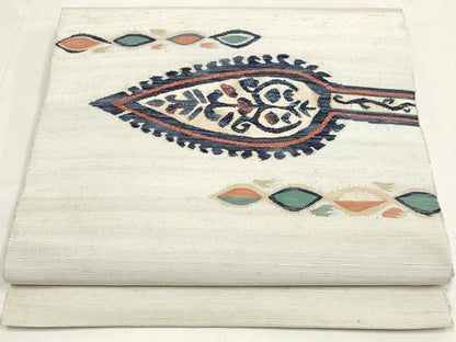 平和屋着物◎八寸名古屋帯　紬地　草葉文　正絹　逸品　DABK8574cm