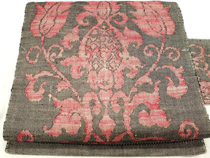 平和屋着物◎八寸名古屋帯　紬地　洋花唐草文　正絹　逸品　DABK8590cm