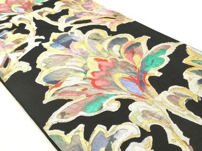 平和屋着物◎六通柄袋帯　更紗花文　黒地　金銀糸　正絹　逸品　DABK8605cm