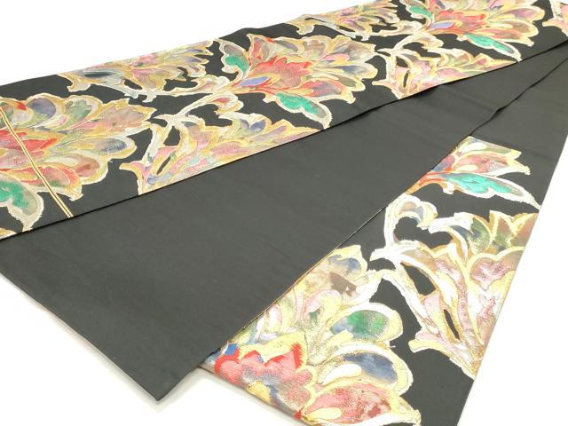 平和屋着物◎六通柄袋帯　更紗花文　黒地　金銀糸　正絹　逸品　DABK8605cm