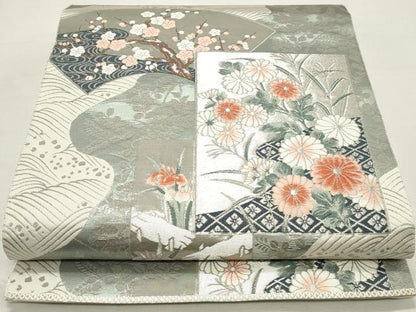 平和屋着物◎六通柄袋帯　地紙飛鶴花文　プラチナ箔　正絹　逸品　DABK8607cm