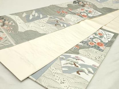 平和屋着物◎六通柄袋帯　地紙飛鶴花文　プラチナ箔　正絹　逸品　DABK8607cm