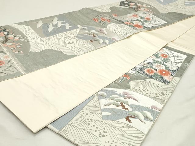 平和屋着物◎六通柄袋帯　地紙飛鶴花文　プラチナ箔　正絹　逸品　DABK8607cm