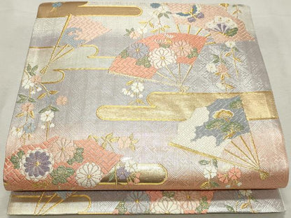 平和屋着物◎佐賀錦　六通柄袋帯　唐織　扇面花文　金銀糸　正絹　逸品　DABK8610cm