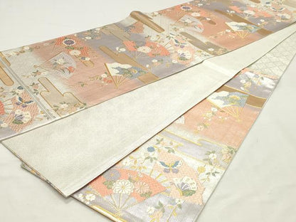 平和屋着物◎佐賀錦　六通柄袋帯　唐織　扇面花文　金銀糸　正絹　逸品　DABK8610cm