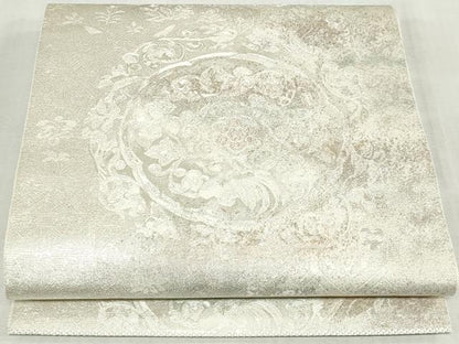 平和屋着物◎六通柄袋帯　花絵皿文　金銀糸　正絹　逸品　DABK8613cm