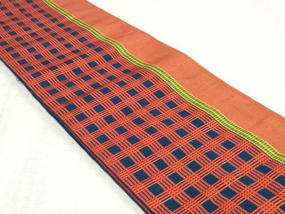 平和屋着物◎本場筑前博多織　両面　半幅帯　格子文　証紙付き　正絹　逸品　DABK8623cm