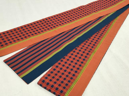 平和屋着物◎本場筑前博多織　両面　半幅帯　格子文　証紙付き　正絹　逸品　DABK8623cm