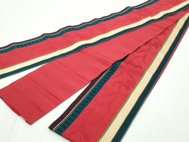 平和屋着物◎本場筑前博多織　半幅帯　草花間道　証紙付き　正絹　逸品　DABK8646cm