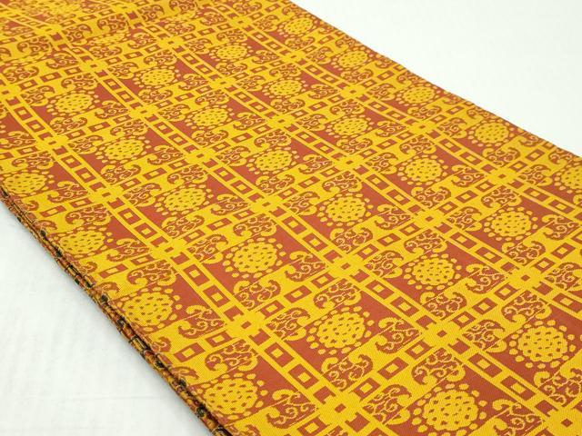 平和屋着物◎両面　全通柄袋帯　格子花文　正絹　逸品　DABK8662cm