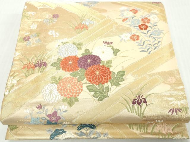 平和屋着物◎六通柄袋帯　唐織　草花文　金糸　正絹　逸品　DABK8663cm