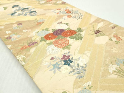 平和屋着物◎六通柄袋帯　唐織　草花文　金糸　正絹　逸品　DABK8663cm