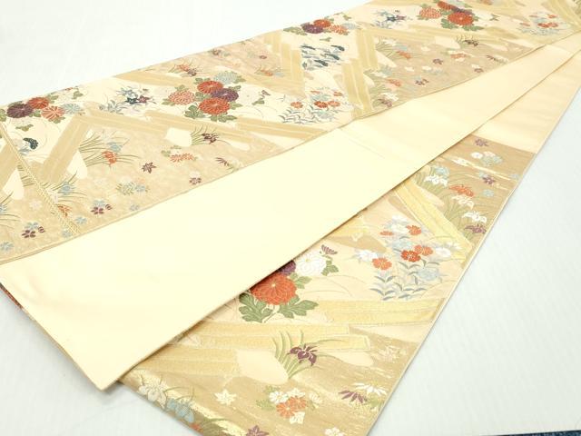 平和屋着物◎六通柄袋帯　唐織　草花文　金糸　正絹　逸品　DABK8663cm