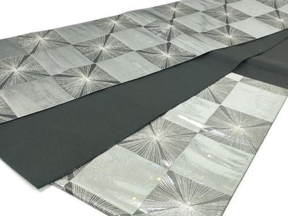 平和屋着物◎六通柄袋帯　変わり市松文様　銀糸　正絹　逸品　DABK8664cm