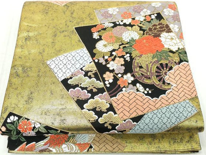 平和屋着物◎六通柄袋帯　唐織　色紙重ね花車文　金糸　正絹　逸品　DABK8666cm