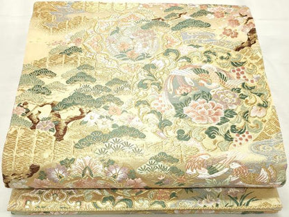 平和屋着物◎六通柄袋帯　唐織　風景花文　金糸　正絹　逸品　DABK8677cm