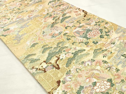 平和屋着物◎六通柄袋帯　唐織　風景花文　金糸　正絹　逸品　DABK8677cm