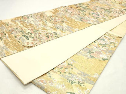 平和屋着物◎六通柄袋帯　唐織　風景花文　金糸　正絹　逸品　DABK8677cm