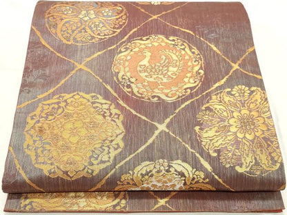 平和屋着物◎六通柄袋帯　北政格趣文　金糸　正絹　逸品　DABK8678cm