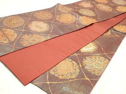 平和屋着物◎六通柄袋帯　北政格趣文　金糸　正絹　逸品　DABK8678cm