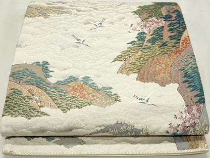 平和屋着物◎六通柄袋帯　唐織　雲海鶴鳴詩　金銀糸　正絹　逸品　DABK8684cm