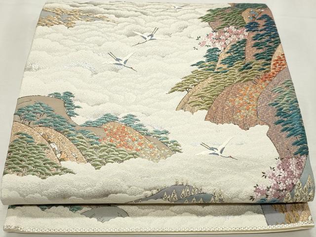 平和屋着物◎六通柄袋帯　唐織　雲海鶴鳴詩　金銀糸　正絹　逸品　DABK8684cm