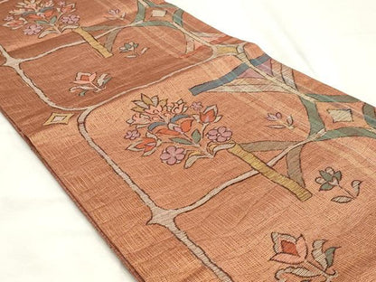 平和屋着物◎両面　六通柄袋帯　すくい織　草花文　金糸　鈴乃屋扱い　正絹　逸品　DABK8687cm