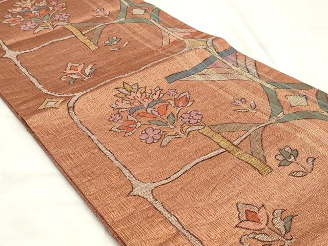 平和屋着物◎両面　六通柄袋帯　すくい織　草花文　金糸　鈴乃屋扱い　正絹　逸品　DABK8687cm