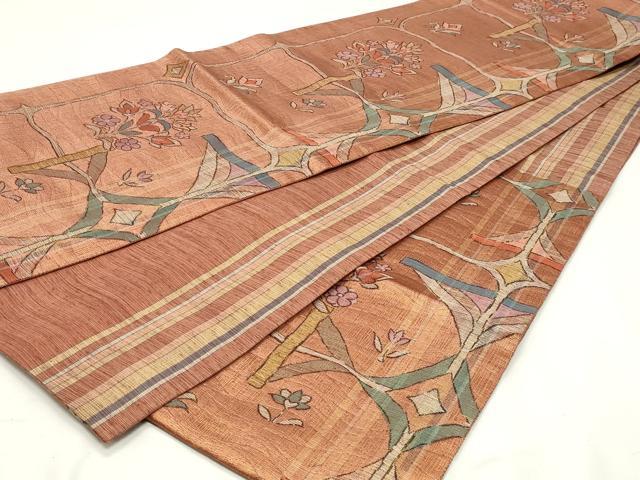 平和屋着物◎両面　六通柄袋帯　すくい織　草花文　金糸　鈴乃屋扱い　正絹　逸品　DABK8687cm